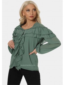 V Yaka Fırfırlı Şifon Gömlek-Bluz (Yeşil)