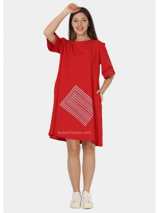 Cep Detaylı Yuvarlak Yaka Elbise (Kırmızı)