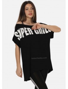 Şerit Askılı Super Grils Tişört (Siyah)