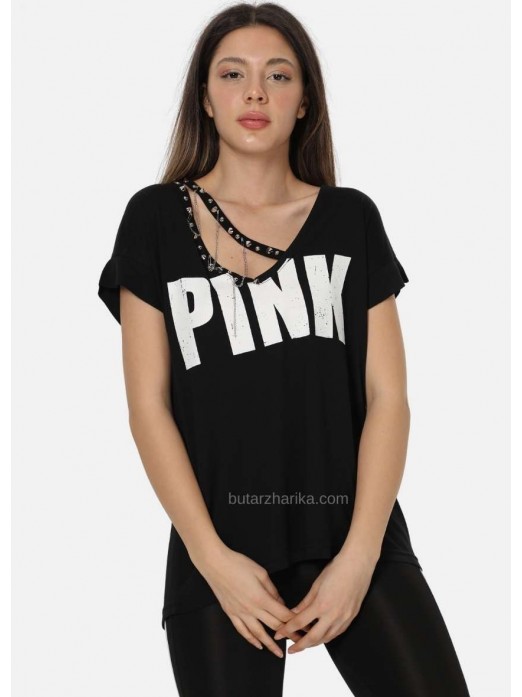 Yakasi Zincir Detaylı Pink Tişört (Siyah)