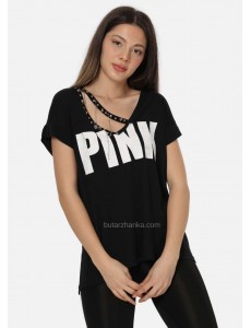 Yakasi Zincir Detaylı Pink Tişört (Siyah)