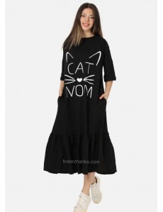 Yetim Kol Cat Mom Baskılı Elbise (Siyah)