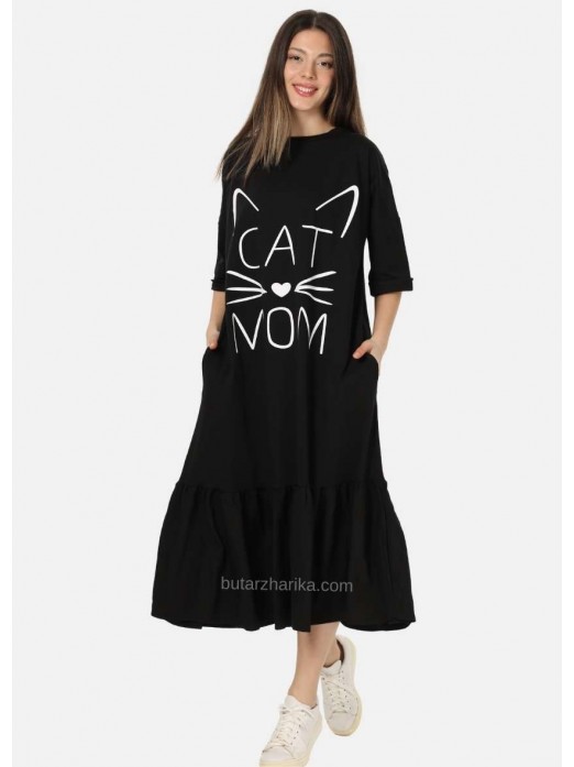 Yetim Kol Cat Mom Baskılı Elbise (Siyah)