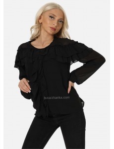 V Yaka Fırfırlı Şifon Gömlek-Bluz (Siyah)