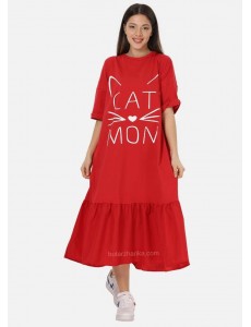 Yetim Kol Cat Mom Baskılı Elbise (Kirmizi)