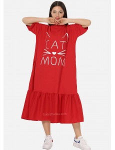 Yetim Kol Cat Mom Baskılı Elbise (Kirmizi)