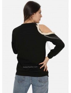 Tek Omuz Zincir Detaylı Sweatshirt (Siyah)