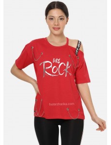 İki Omuz Zincirli Let's Rock Tişört (Kırmızı)