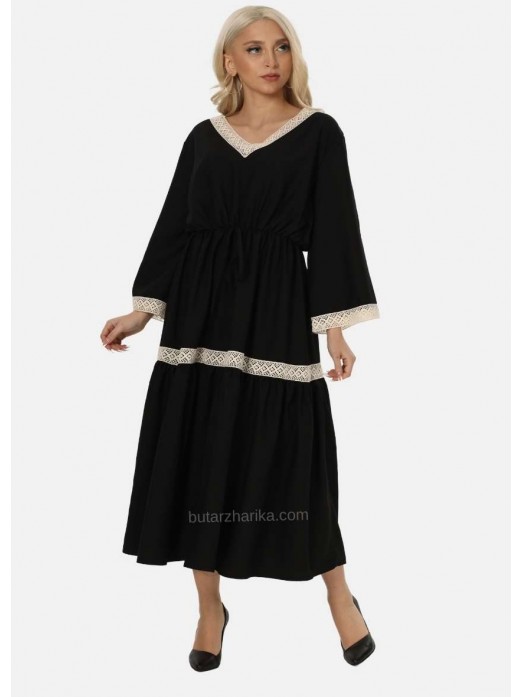 Yaka Kol Etek Dantel Detaylı Elbise (Siyah)