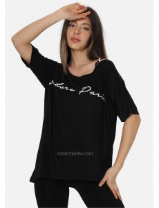 Omuzu Çapraz Askılı Jadore Paris Tişört (Siyah)