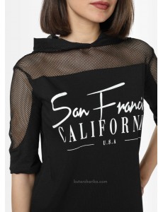 File Detaylı Kapşonlu San Francisco Tişört