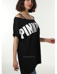 Parlak Baskılı PinkPink Uzun Tişört (Gri-Beyaz)
