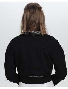 Yakası Boncuk Detaylı Kadın Kısa Kot Ceket (Siyah)