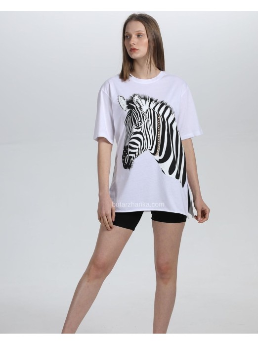 Zincir Detaylı Zebra Baskılı T-Shirt
