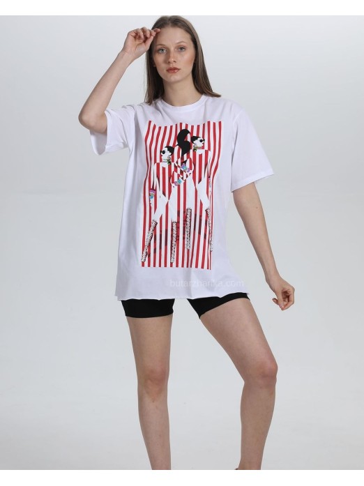Kırmızı-Beyaz Şerit Baskılı T-Shirt (Beyaz)