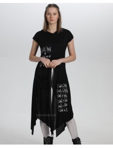 Parça Detaylı Uzun Tasarım Siyah T-Shirt