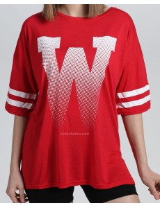W Baskı Tasarım Viskon Kırmızı T-Shirt